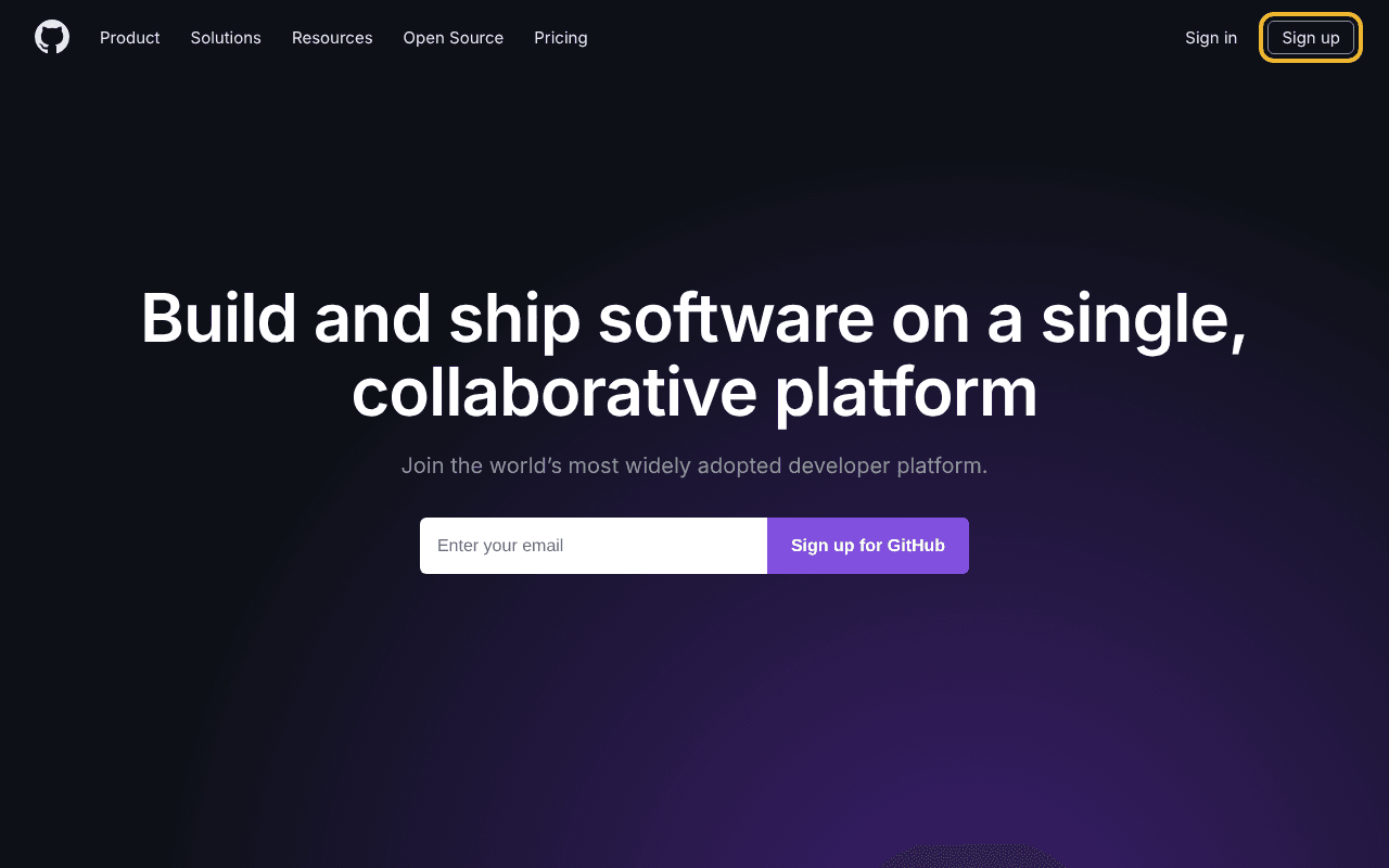 Η αρχική σελίδα του github.com με το κουμπί Sign up