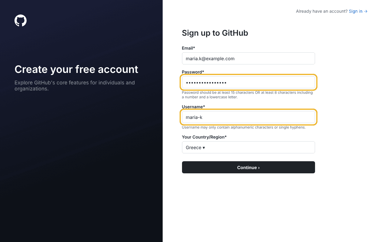 Τα πεδία για password και username στη φόρμα εγγραφής του GitHub