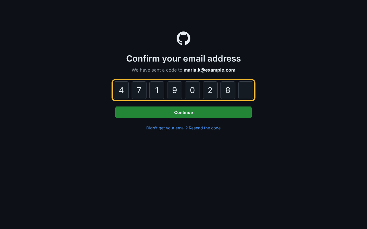 Η οθόνη του GitHub που ζητάει τον κωδικό επιβεβαίωσης από το email